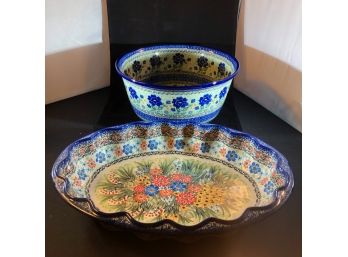 Authentic Handmade Signed Polish Pottery Roasting Pan And Jardiniere/planter (NL5)