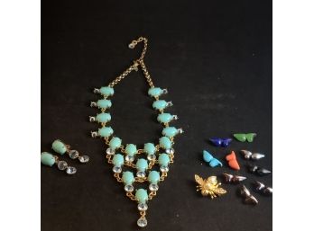 Suzanne Summers Necklace And Clip On Earrings & Joan Rivers Bee Pin With Interchangable Inserts (NL)