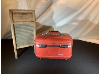 Vintage Red Travel Trunk & Small Antique Washboard (NL18)