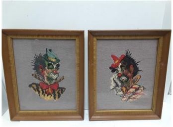 Two Antique Vintage Needlepoint Clowns