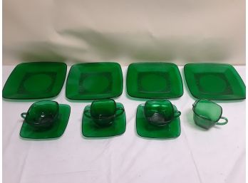 11 Pieces Emerald Glass Plates, Cups, Saucers