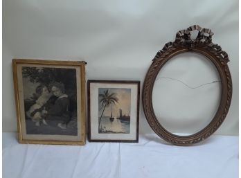 Oval Frame And Two Framed Art Work - Palm Tree & Girls