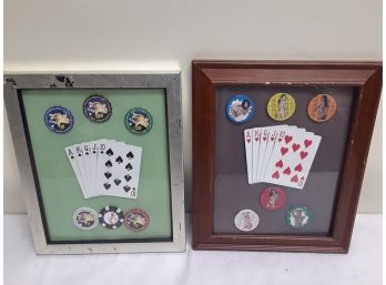Two Framed Poker Tournament Chips & Cards