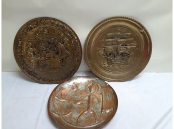 Two Brass And One Copper Hand Hammered Display Dishes