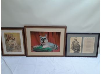 Two Framed Dog Art Work And Lithograph