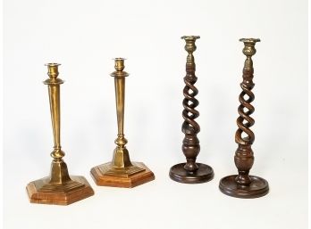 A Vintage Candlestick Pairing - Brass And Wood
