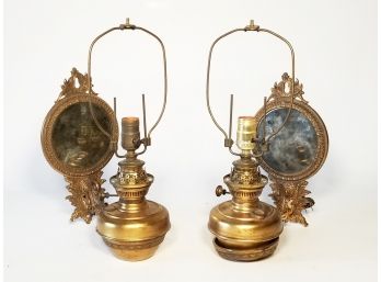 A Pair Of Vintage Mirror And Brass Wired 'Hurricane Lamp' Sconces