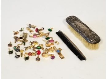 A Sterling Silver Brush, Comb And Assorted Gemstone Cufflinks