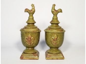 A Pair Of Ceramic Rooster Form Urns
