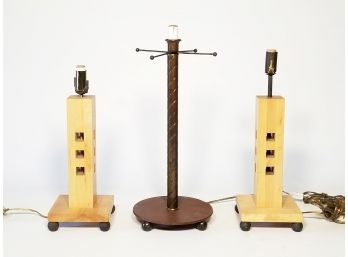 A Pair Of Modern Wood Accent Lamps And Metal Stick Lamp
