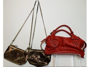 Lot Of 3 Purses: 1 Red Leather VERA PELLE With Extra Strap 17' X 15-1/2' X 4'; 2 SHARIF Crossbody Bronze Bags
