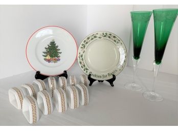 ASSORTED CHRISTMAS DINING ITEMS: Champagne Glasses, Plates, Debbie Mumm Napkin Rings