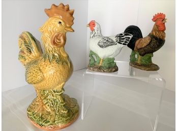 Lot Of 3 Ceramic Roosters- 13-1/4”, 6-3/8”, & 5-1/2”