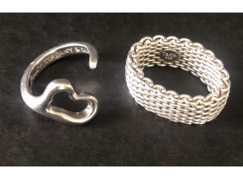 Tiffany & Co. Lot Of 2 Sterling Silver Rings - Elsa Peretti Open Heart Size 6 &  Mesh Ring Size Size 6 1/2