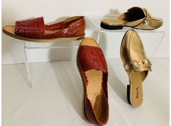 Never Worn Sz 7 SBICCA Of California Dark Red Leather Open Toe  & Gently Worn Sz 7-1/2 QUPID Gold Slip On's
