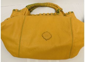 Gently Used OrYANY Large Mustard Colored Handbag & Dust Bag With Bright Green Trim-snap Closure- Gorgeous Bag!