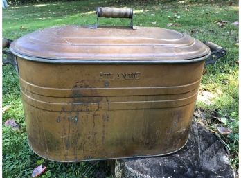 Antique Primitive Tin Lined ATLANTIC Copper Boiler W/lid & Wood Handles 25' X 14'H X 13' Fifteen Gallon