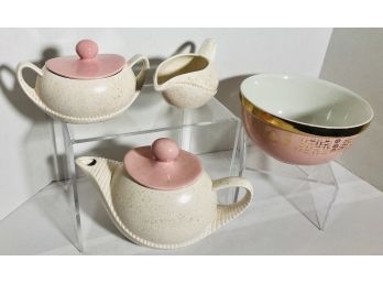 Lot Of 4 Pink Vintage Kitchen Items: MCM Pink Speckled Tea Set & Hall Pink Bowl ( See Description)