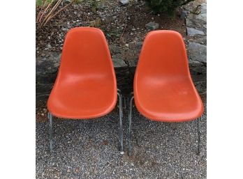 Pair Of Herman Miller Eames Molded Fiberglass Reinforced Polyester Chairs W/stacking Base ( See Description)