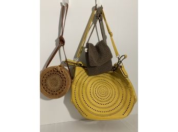 Lot Of 3 Purses:Round Basket Crossbody/shoulder, The Sac Woven, Unbranded Yellow Leather Unlined 2 Straps ***
