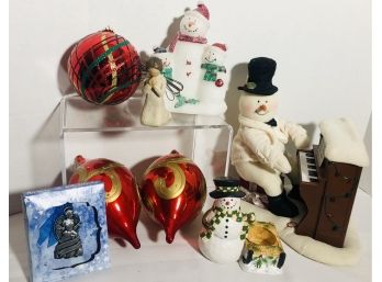 Christmas Lot # 2 - 3 LARGE Ornaments, Yankee Candle Holder, Musical Snowman,  Light Up Snowman Trio, More