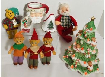 Christmas Lot # 5 - Vintage Items: Spode Bell, Analee Santa Doll, 3 Pixie Elves, Ceramic Tree , Radko Mug