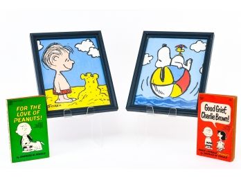 Pair Schulz Peanuts Paintings + Two Peanut Gang Books