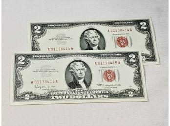 2 Consecutive #  Red Seal $2 Bills (1963)