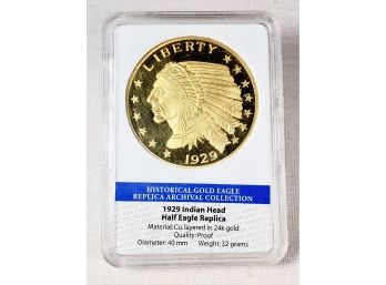 24kt Gold Layered 1929 Indian Head Half Eagle Replica Coin