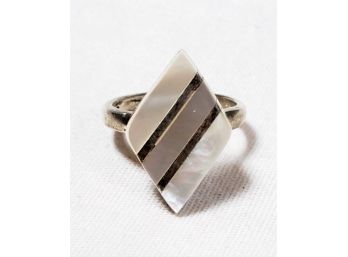 White Iridescent Stone Diamond Shaped Sterling Silver Ring