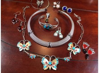 Lovely Grouping Of STERLING SILVER & Turquoise, Carnelian, Pearls & Other Stones Jewelry Lot  WOW ! - (J42)