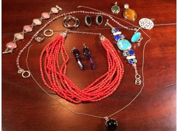 Fantastic All STERLING SILVER & Assorted Stones Lot - Coral - Jade - Turquoise & MORE Jewelry Lot (J35)
