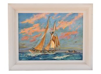 Signed WF Oil On Board Painting Of A Sailboat