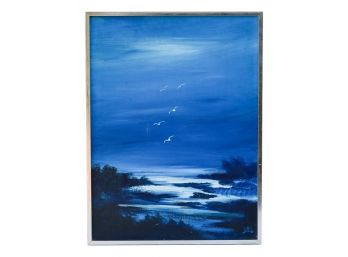 Signed 'DEL'Oil On Canvas Painting Of A Water Scene With Seagulls Flying In A Blue Sky