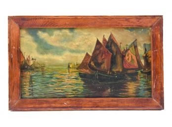 Unsigned Oil On Board Painting Of Sailboats In A Water Scene