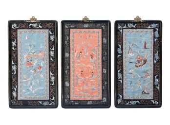 Three Japanese Framed Silk Embroidery Panels