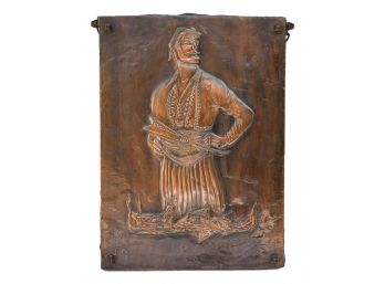 Antique Early 19th Century Signed Copper Relief Plaque With Repousse Depicting A Pirate At Sea