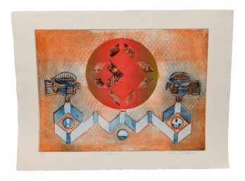 Lola Breidbart (Polish, 20th Century) Signed Collagraph Titled 'Aztec' On Arches Paper