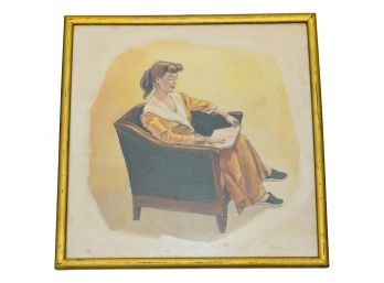 Unsigned Oil Painting Of A Woman Reading A Book In A Chair