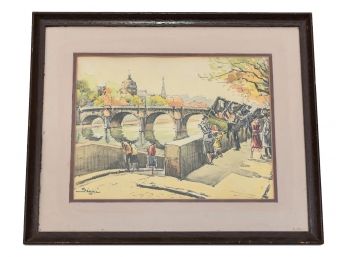 Signed 'Segmi' Framed Watercolor Of A Bridge