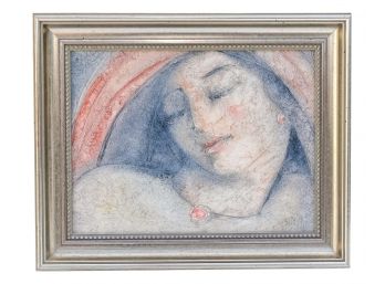 Signed (illegible) Oil On Board Portrait Of A Solemn Woman