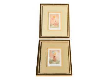 Pair Of Signed Lithographs Of A Boy And A Girl Holding Balloons