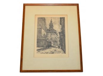 Signed (illegible) Framed Etching Of A Street Scene