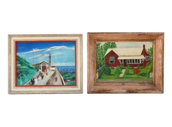 Two Oil On Board Paintings Depicting A Church Wedding Scene And Red Brick House