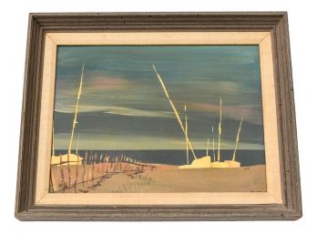 Signed Oil On Board Painting Depicting A Beach And Sailboats