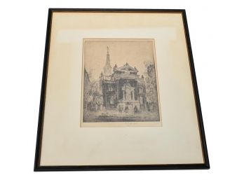 Antique Signed (illegible) Framed Etching Of A Church