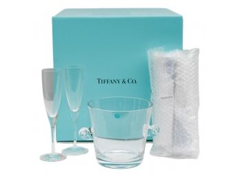 NEW! Tiffany And Co. Set Of Four Champagne Glasses And Ice Bucket In Original Box