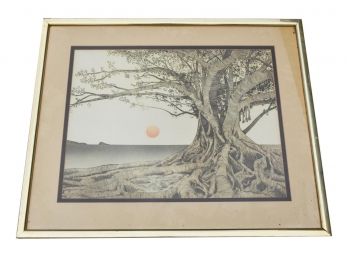 Framed Print Of A Rooted Tree With The Sun Rising In The Background