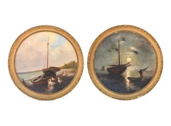 Pair Of Antique Circular Oil On Board Paintings Of Sailboats