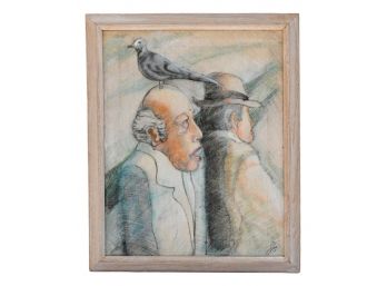 Signed JS Mixed Media Painting Of Two Old Men And A Pigeon